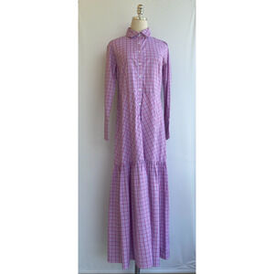 NWT Bognar Blu Dress Pink Checkered Tiered Maxi Peasant Shirt Dress sz S $298